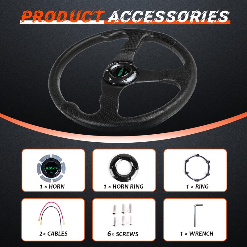 RASTP Universal Racing Steering Wheel 13.8â€/350mm 6 Bolts Grip Vinyl Leather & Aluminum with Horn Button for Car-Black - Image 4